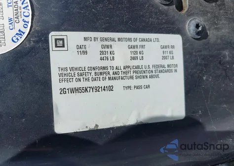 2000 Chevrolet Impala Ls из США, поврежденный, VIN 2G1WH55K7Y9214102